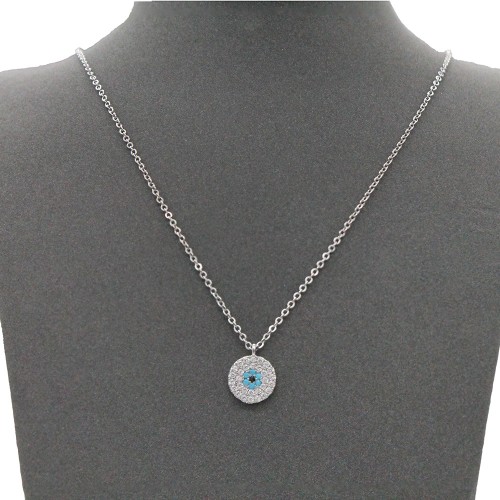 Rhodium Color With Clear CZ Evil Eye Necklace. 16"+3"