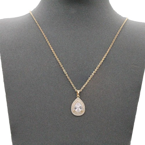 Gold Plated  With Clear CZ Tear Drop Necklace. 16"+3"