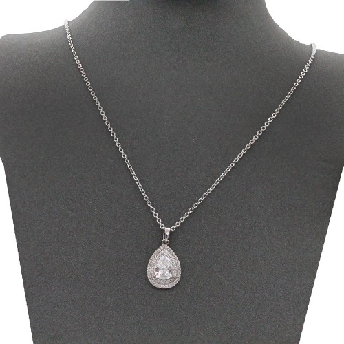 Rhodium Color With Clear CZ Tear Drop Necklace. 16"+3" Rhodium Color With Clear CZ Tear Drop Necklace. 16"+3"
