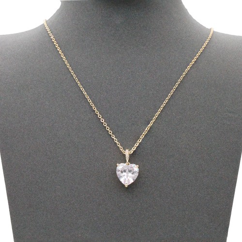 Gold Plated With Clear CZ Heart  Necklace. 16"+3"
