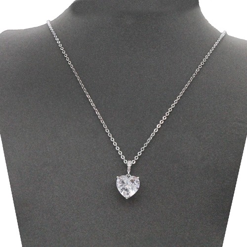 Rhodium With Clear CZ Heart Necklace. 16"+3" Rhodium With Clear CZ Heart Necklace. 16"+3"