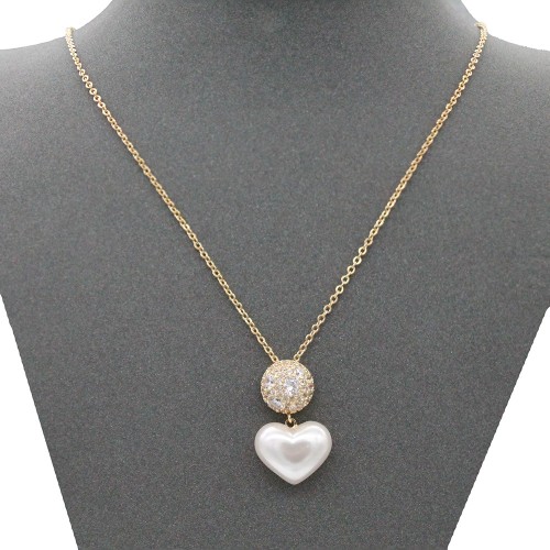 Gold Plated With Clear CZ  Hear t Pearl Necklace. 16"+3"