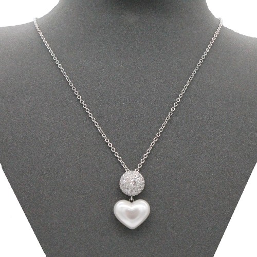 Rhdoium With Clear CZ Heart Pearl Necklace. 16"+3"